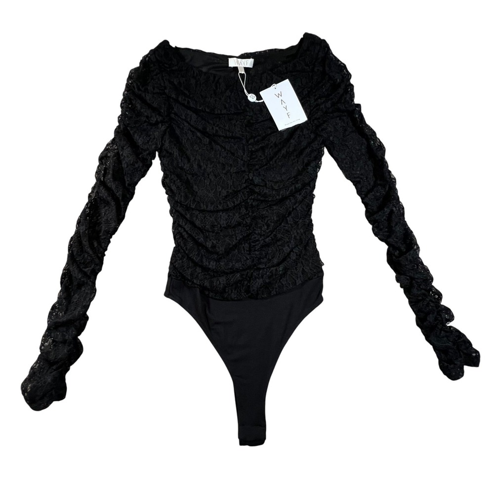 WAYF Claude Ruched Black Lace Semi-Sheer Bodysuit  XS‎ Whimsygoth Fairy Feminine